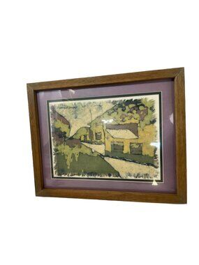 Deborah Johnson Signed Framed Batik Art Landscape Rustic Farmhouse Scene 14"x11"